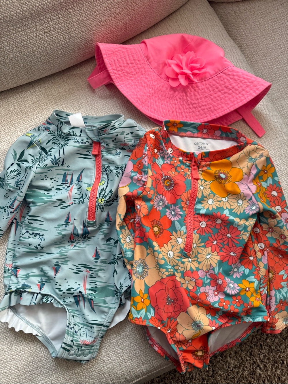 Carter's Pink Sun Hat with Floral and Sailboat Rash Guard Swim Set